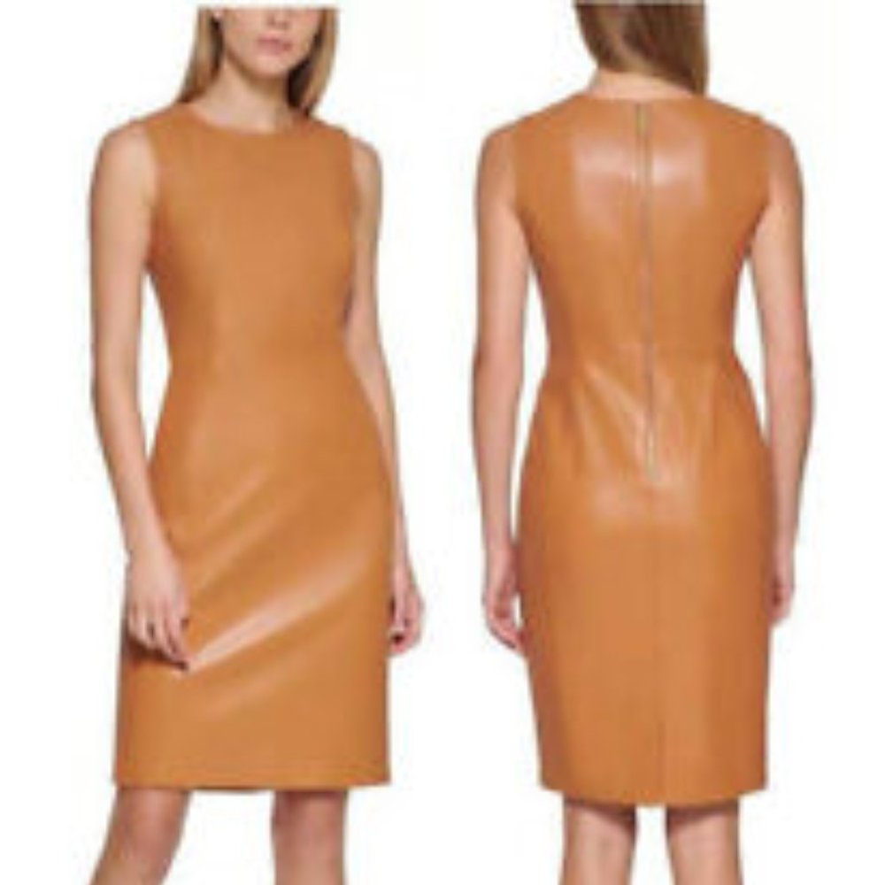 NEW Calvin Klein Faux leather Sleeveless Pencil Dress Camel Size 8